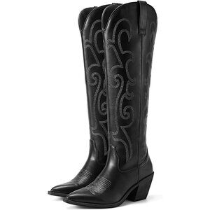 Women's Chunky Knee High Heel Western Black Zipper Leather Embroidered Boot